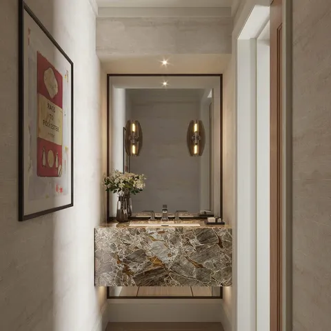 a view of bathroom with mirror