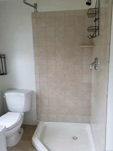 a bathroom with a toilet and a shower