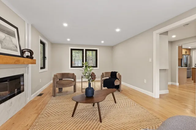 a living room with furniture a fireplace and wooden floor