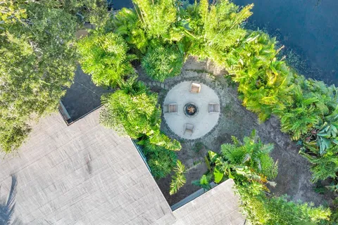 a garden view with a sitting space