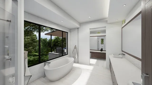 a bathroom with a tub and shower