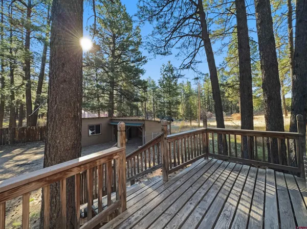 a view of a porch with a trees