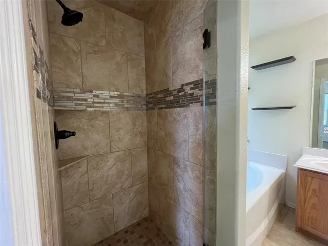 a bathroom with a bathtub