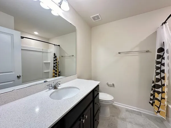 a bathroom with a sink a toilet a shower and a mirror