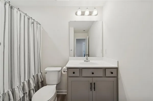 a bathroom with a sink a toilet and shower curtain