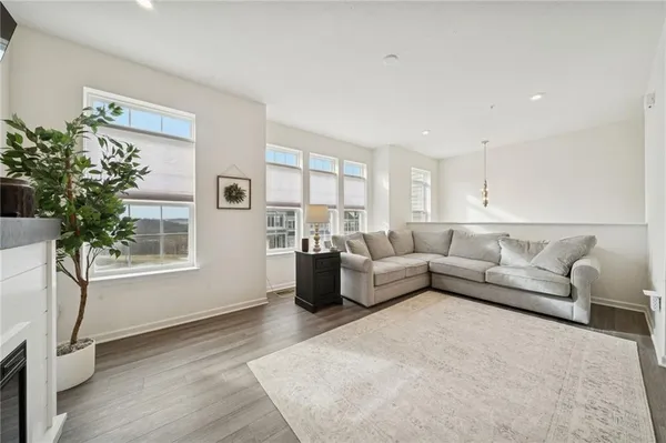 a living room with furniture and a potted plant