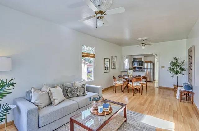 a living room with furniture dining table and a potted plant