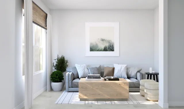 a living room with furniture and a potted plant