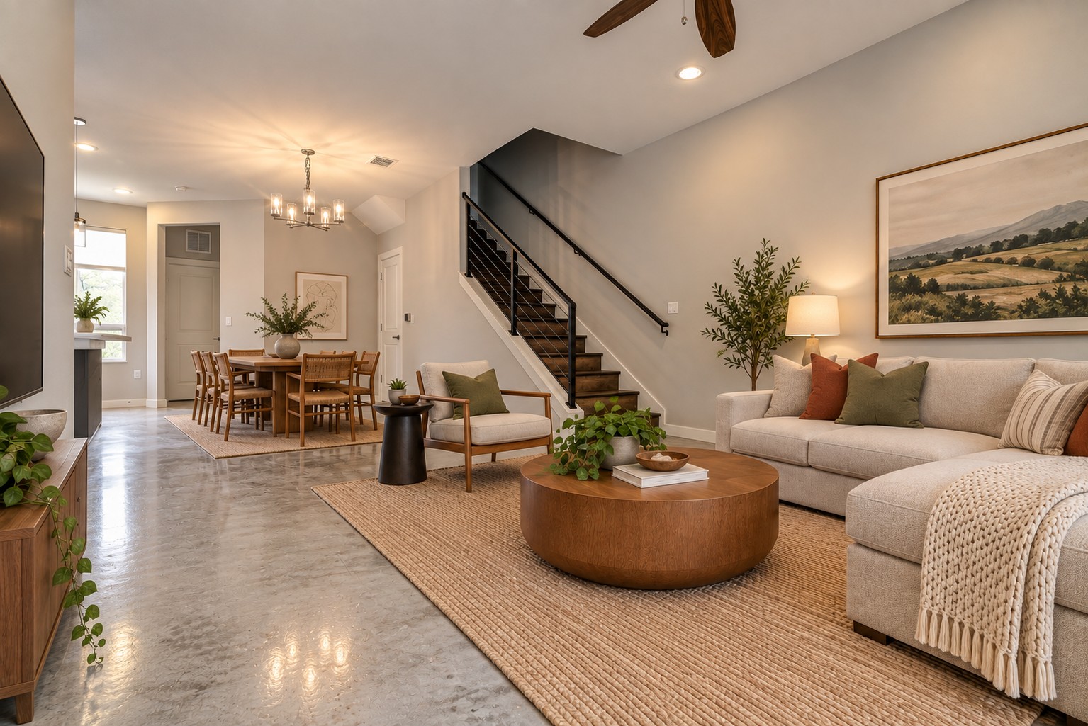 1904 Bunche Road, Unit B Austin, TX 78721 - Photo 2 of 29 *Virtually staged* Open living and dining area with polished concrete floors, modern lighting, and a flexible layout for relaxing or entertaining.