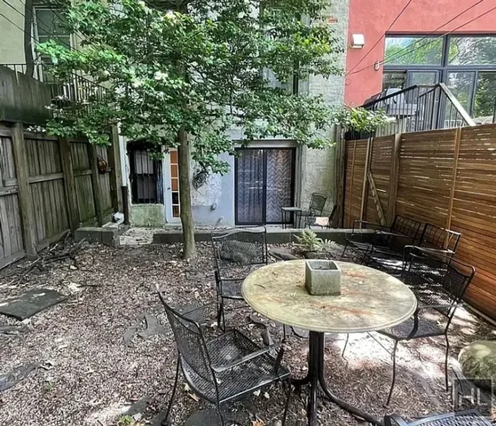 a backyard of a house with table and chairs