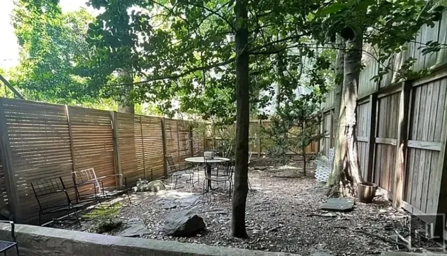 a view of a backyard with trees