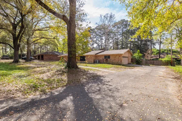 a view of backyard with large trees