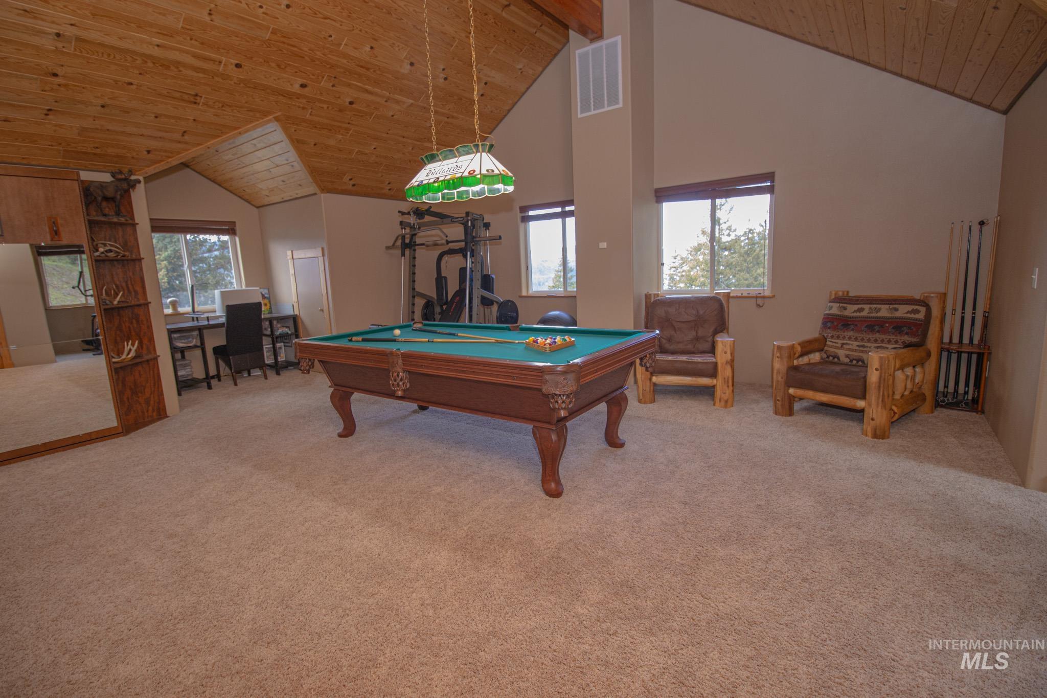 237 Old Dent Road Orofino, ID 83544 - Photo 32 of 48 Recreation room with a high wooden beamed ceiling, billiards, and an office area