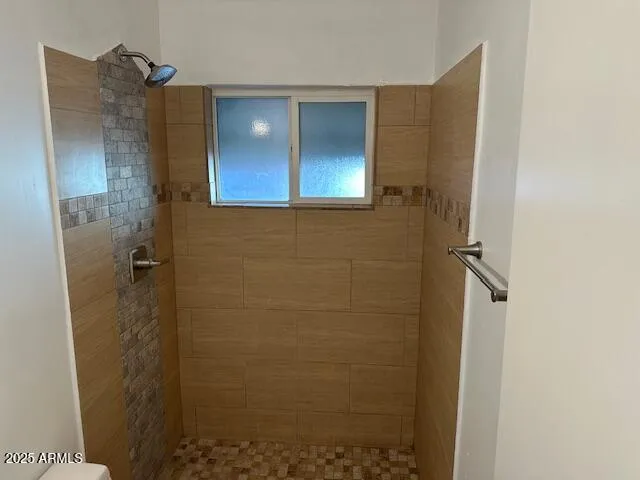 a bathroom with a shower and a mirror