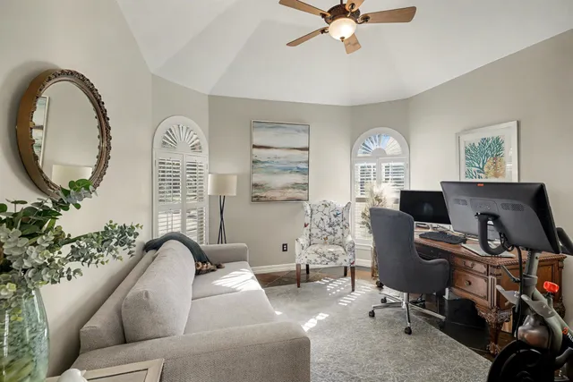 a workspace with chandelier