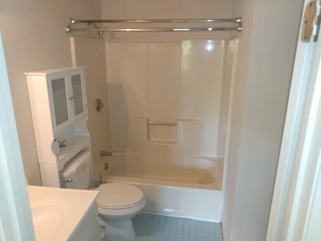 a bathroom with a shower and a toilet