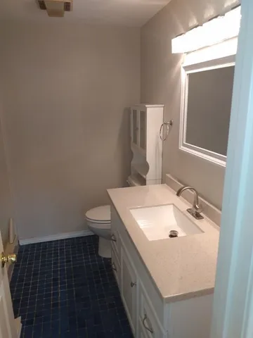 a bathroom with a sink toilet and mirror