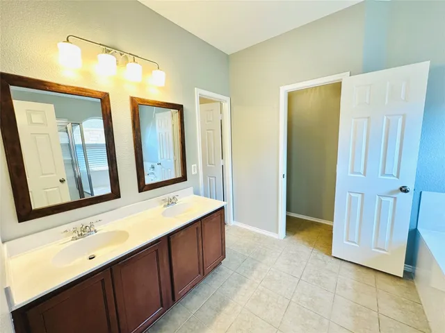 a bathroom with a sink a mirror and a bathtub
