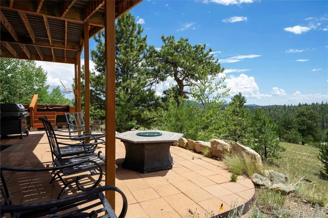 a view of a patio with table and chairs and potted plants