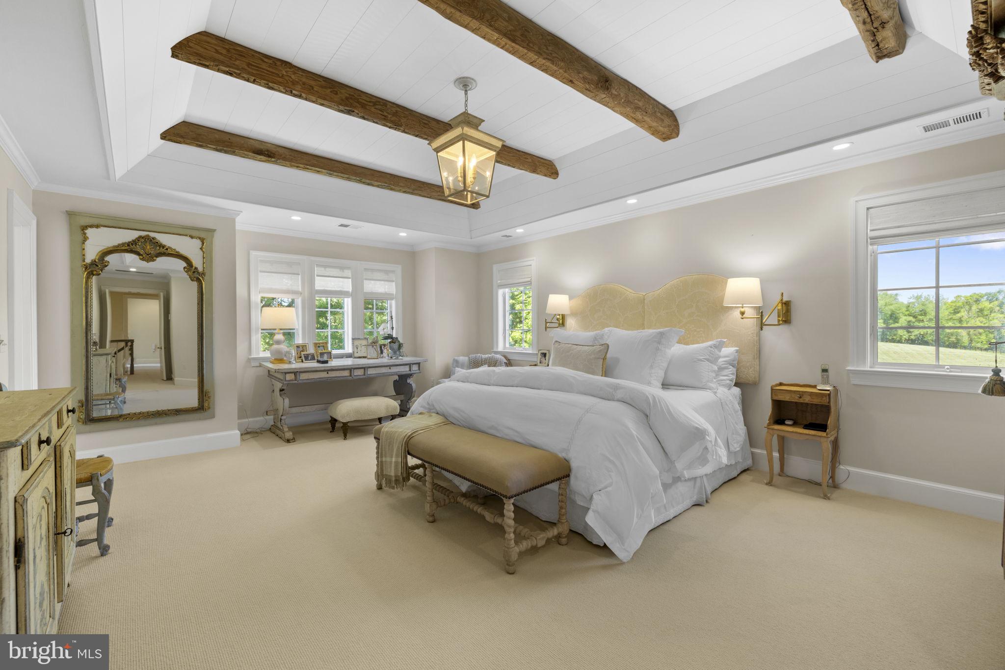 36190 Turkey Roost Road Middleburg, VA 20117 - Photo 36 of 88 a spacious bedroom with a bed a chandelier and large window