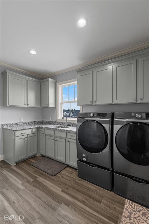 143 Oak Alley Road Stonewall, LA 71078 - Photo 32 of 38 Recessed lighting, wood-finish flooring, light gray cabinetry, built-in sink, and stone-finish countertops