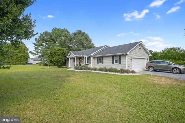 a front view of a house with yard and green space