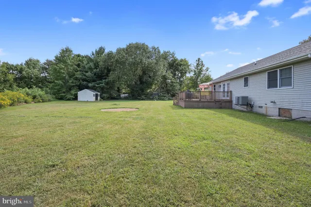 a view of a yard with a house in the background