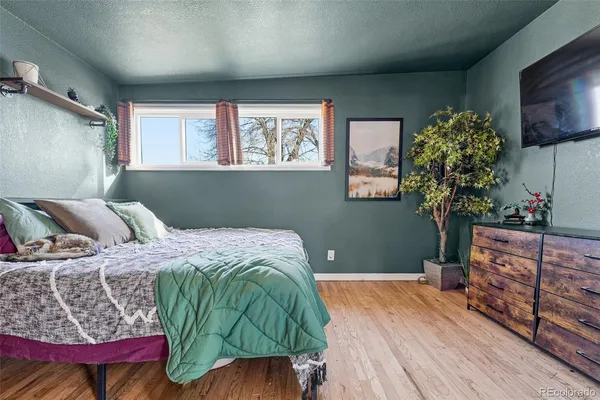 a bedroom with a bed and a flat screen tv