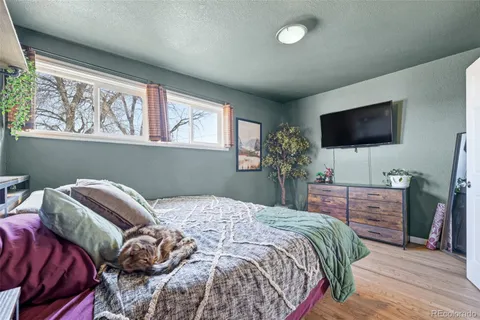 a bedroom with a bed and a flat screen tv