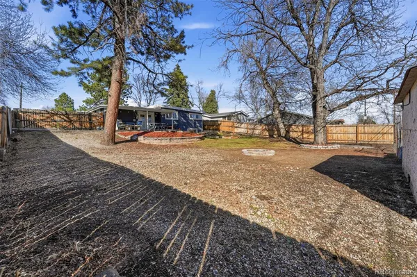 a view of a yard with trees in the background