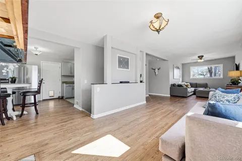 a living room with furniture and a wooden floor