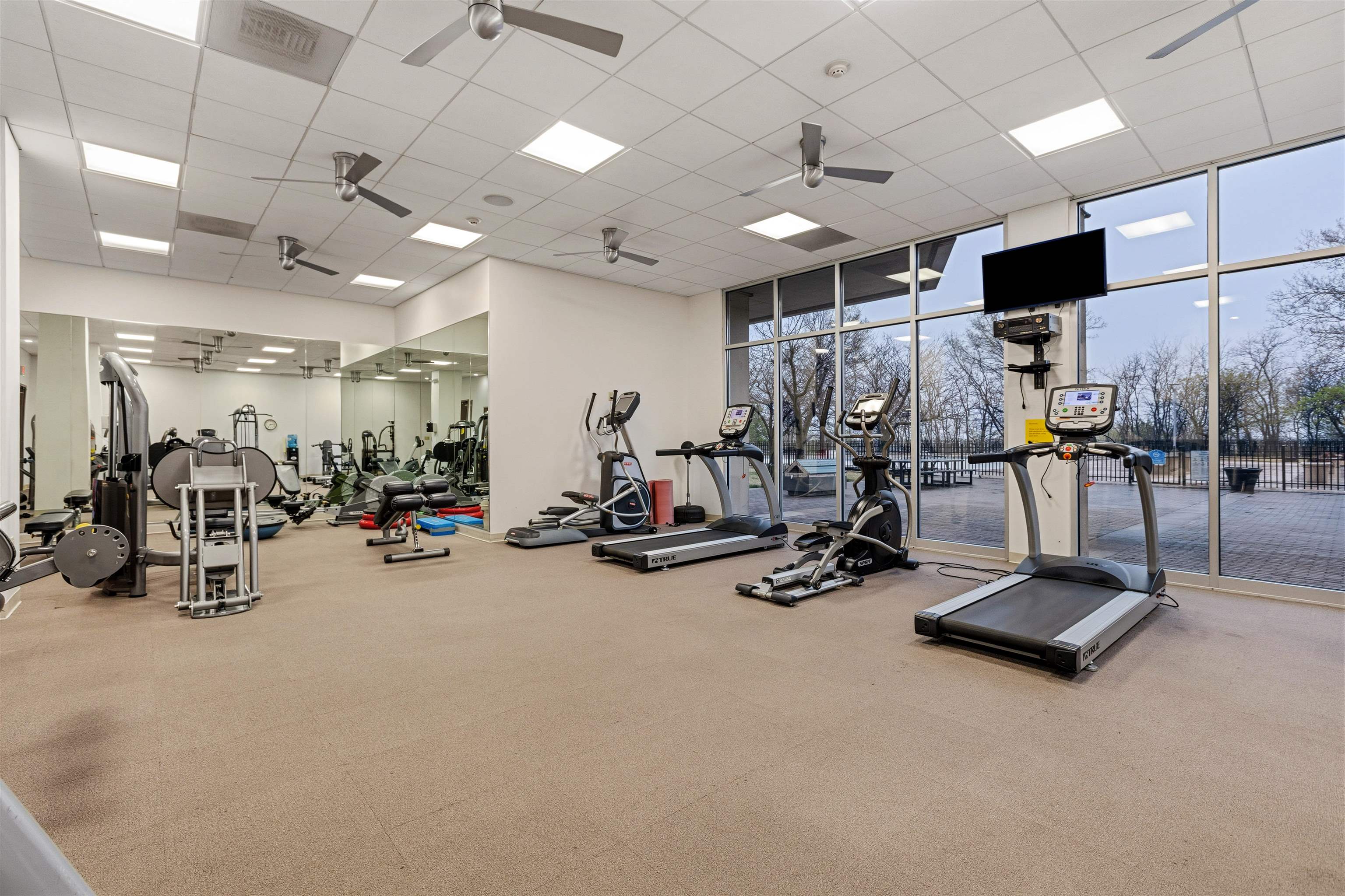 655 Riverside Drive, Unit 1208 Memphis, TN 38103 - Photo 4 of 29 Gym with floor to ceiling windows and a high drop ceiling