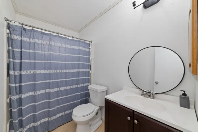 a bathroom with a sink a toilet a mirror and vanity