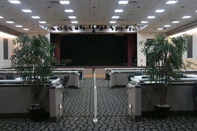 a kitchen with a chandelier stainless steel appliances a sink and a counter top space