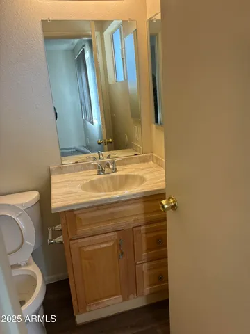 a bathroom with a sink a toilet and a mirror