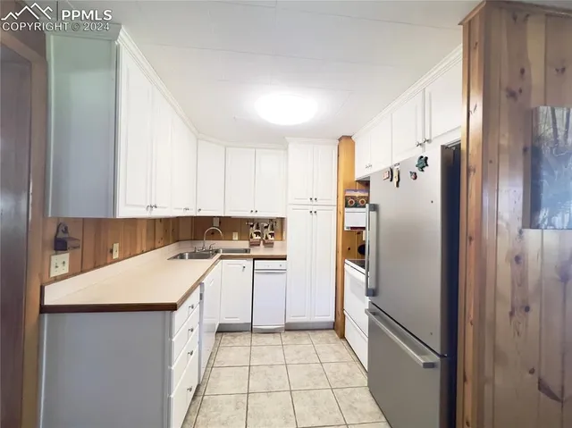a kitchen with a refrigerator and a sink