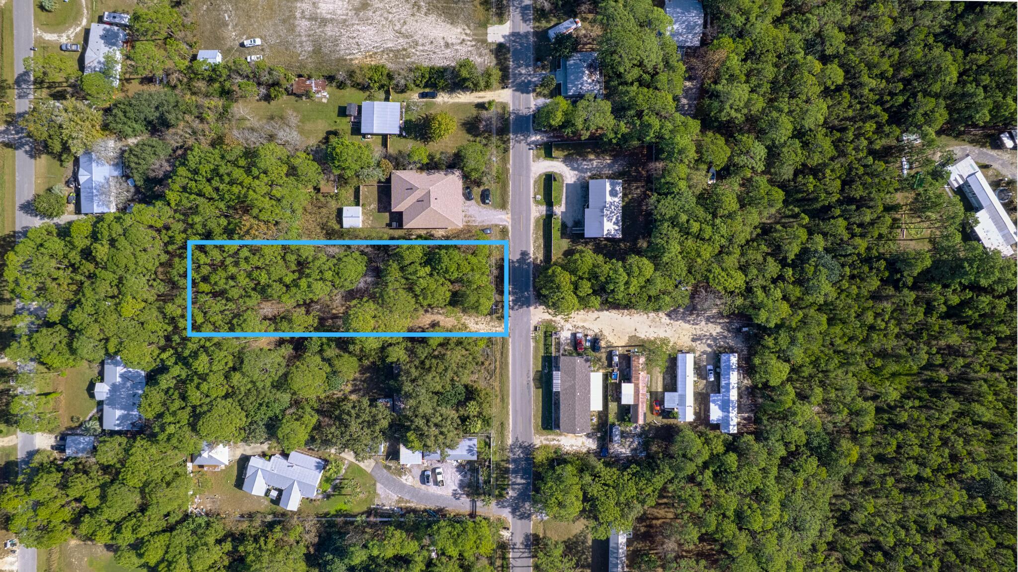 an aerial view of a house with a yard and large trees