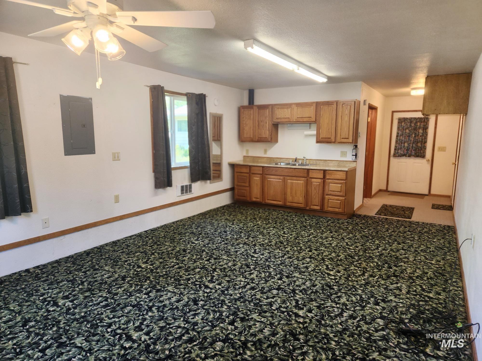 367 Woodland Road Kamiah, ID 83536 - Photo 30 of 49 Kitchen featuring wood finish cabinetry, electric panel, a ceiling fan, and carpet