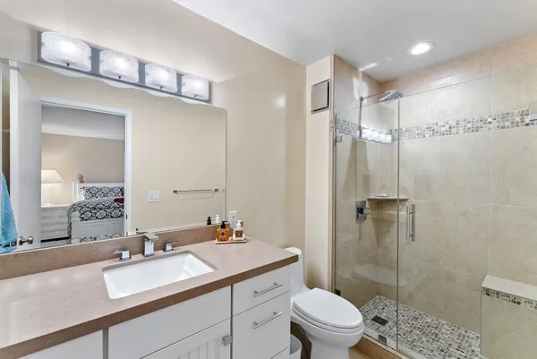 a bathroom with a sink toilet double vanity and shower