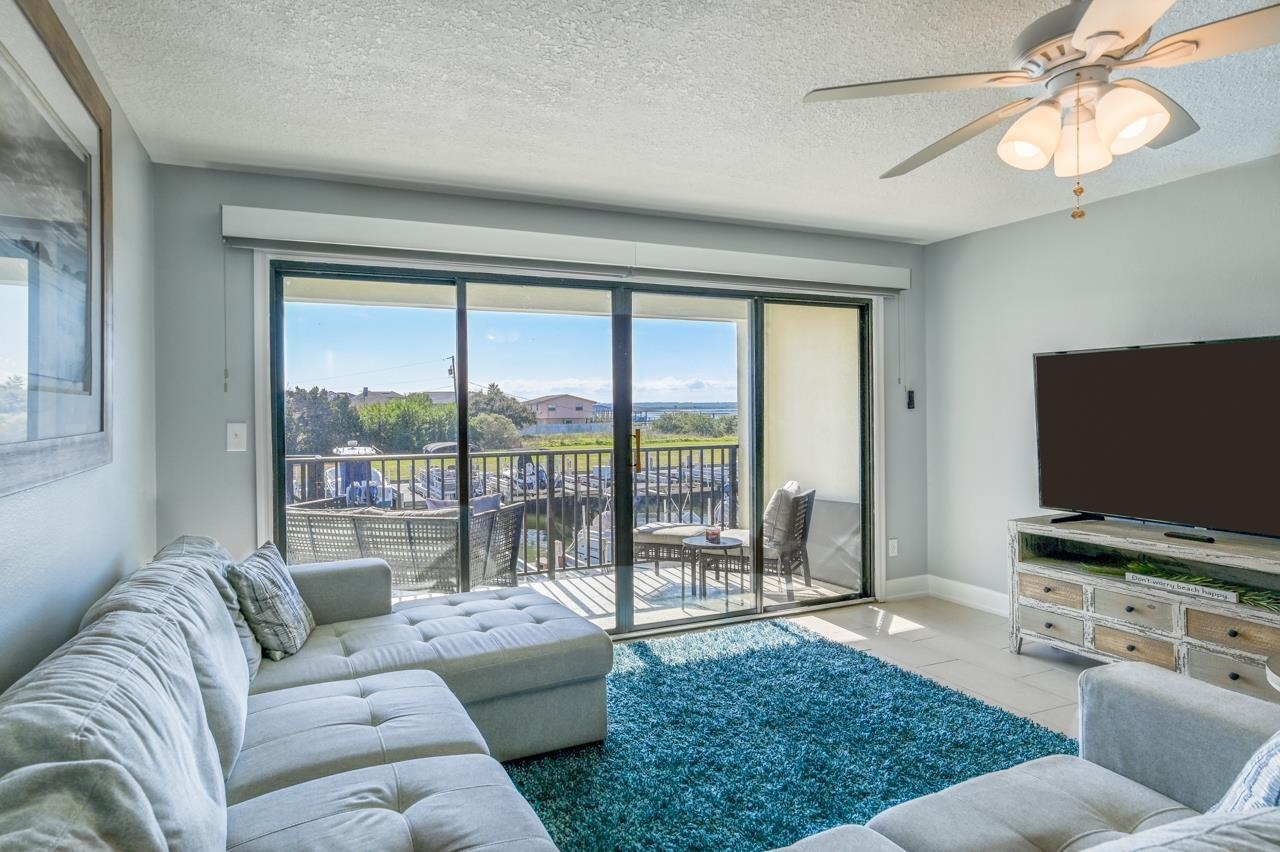 120 Sunset Harbor Way, Unit 204 St. Augustine, FL 32080 - Photo 27 of 49 a living room with furniture and a flat screen tv