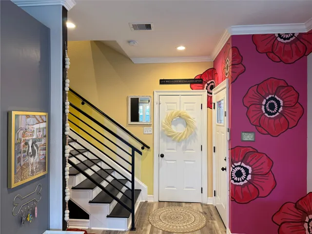 a bathroom with a mirror and a shower curtain