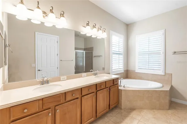 a bathroom with a double vanity sink bathtub and next to a window