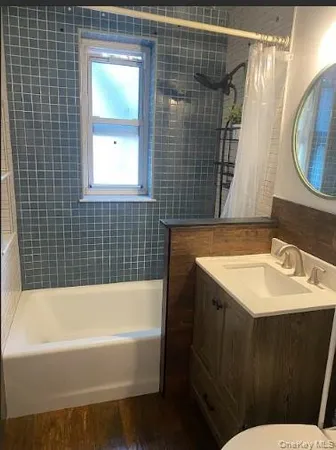 a bathroom with a sink vanity mirror bathtub and toilet