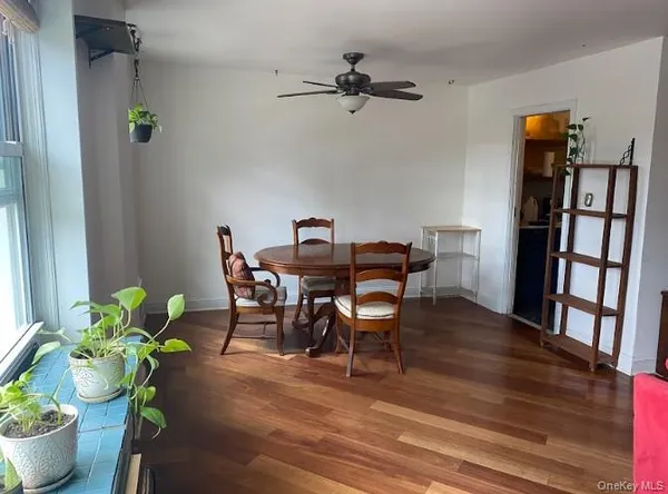 a view of a dining room with furniture and a potted plant