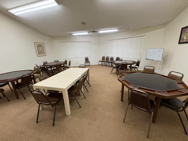 a view of a dining room with furniture