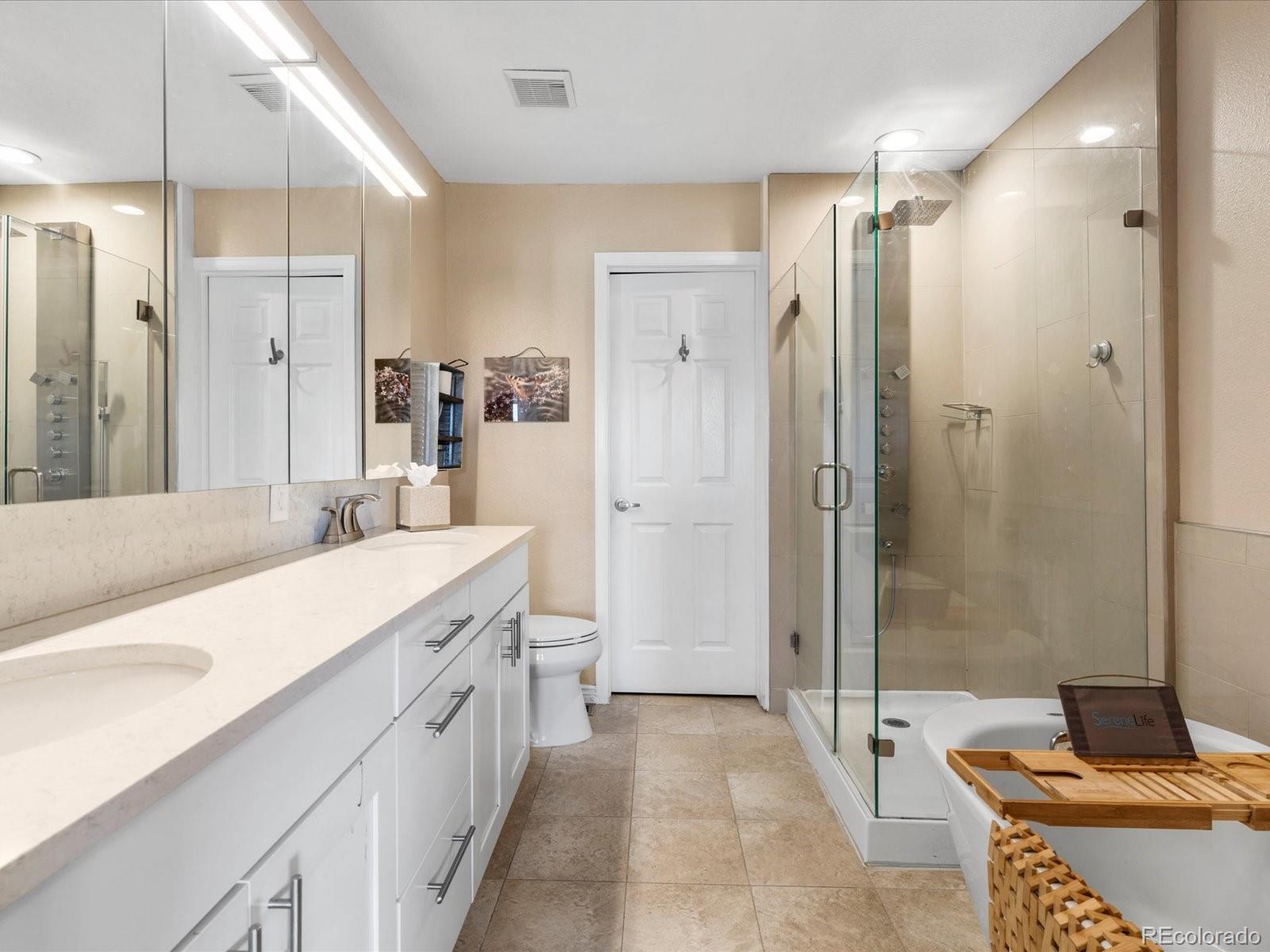 9323 Notts Court Lone Tree, CO 80124 - Photo 23 of 45 a spacious bathroom with a granite countertop sink mirror shower and a bathtub