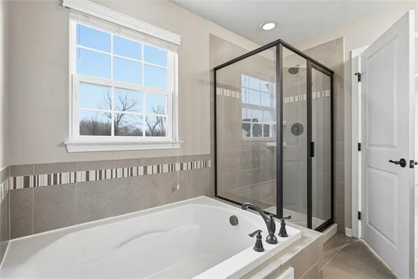 a bathroom with a tub and a shower