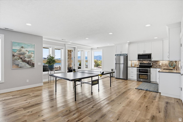 21 Pier Place Tooele, UT 84074 - Photo 52 of 112 Open-concept living space with wood-finish flooring, a full kitchen featuring white cabinetry and stainless steel appliances, and abundant natural light from multiple windows and glass-paneled doors