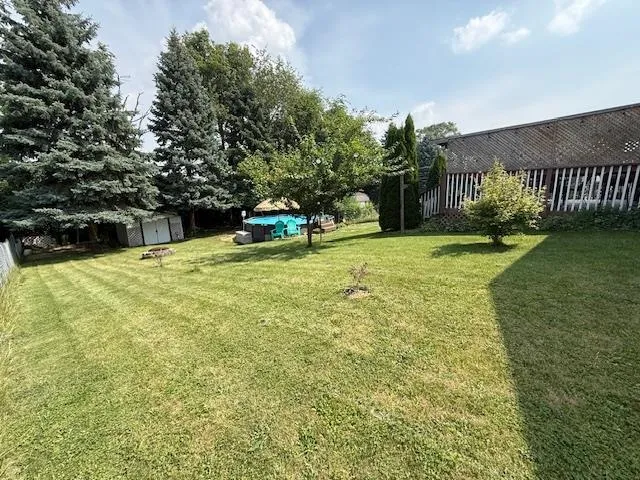 a view of swimming pool with lawn chairs and plants