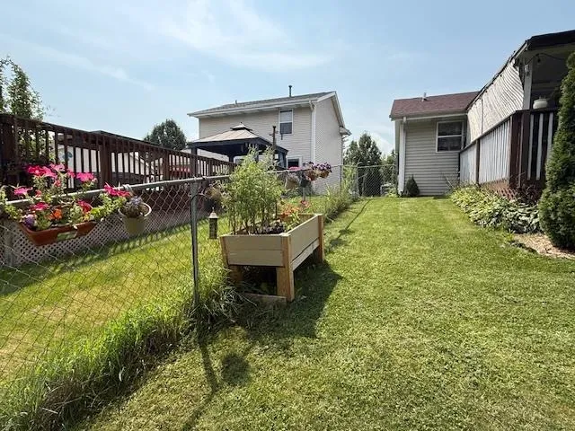 a garden view with a seating space